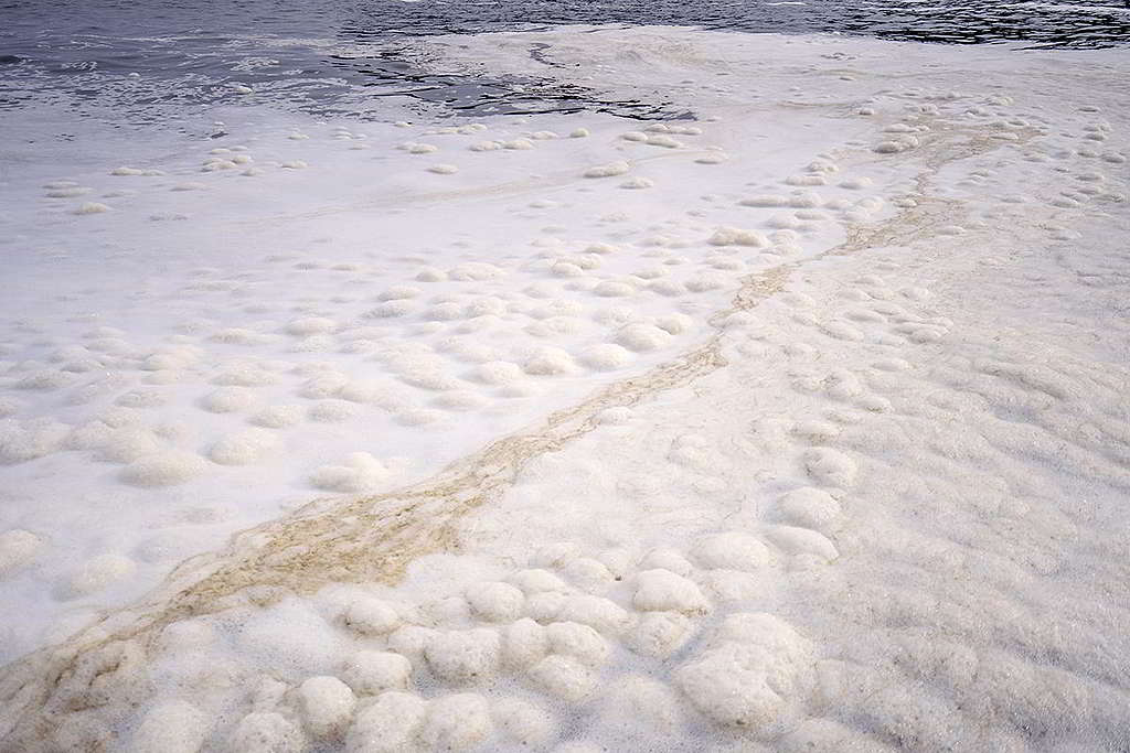 事發海灘形成一層猶如Capuccino的泡沫，與往日清澈海水形成強烈對比。