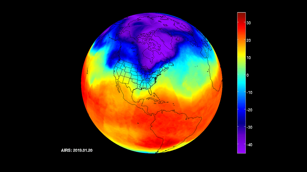 美國太空總署「大氣紅外線探測儀」（AIRS）圖片顯示，今年1月20至29日極地渦旋的波動範圍由加拿大中部進襲美國中西部。 © NASA
