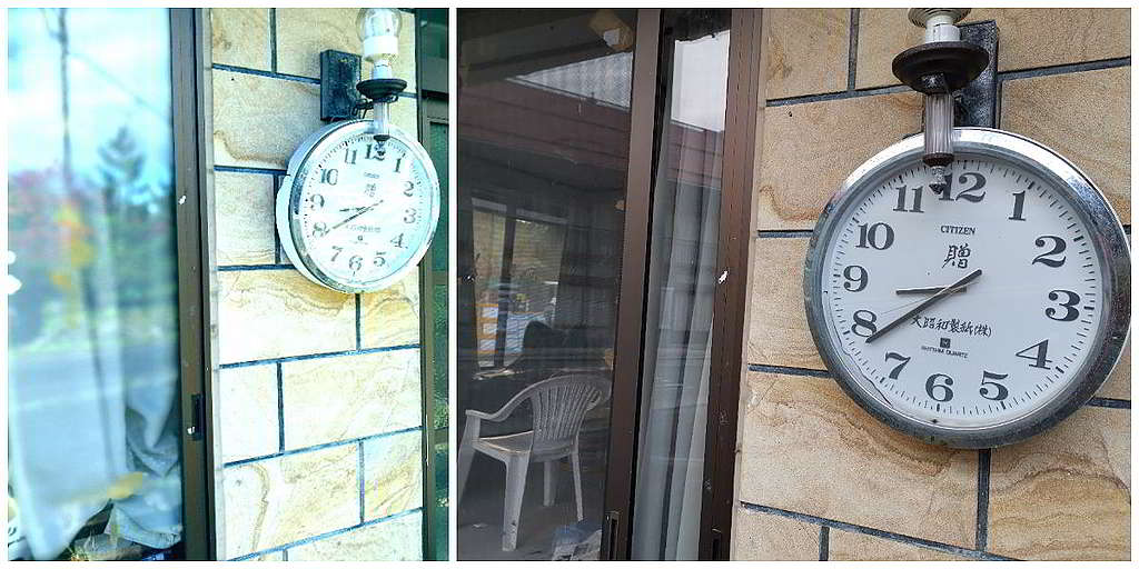 Ray先後兩次到訪福島時拍攝的同一個時鐘──靜止不動的時針、分針，為福島災後的凝結狀態作沉默見證。 © Greenpeace