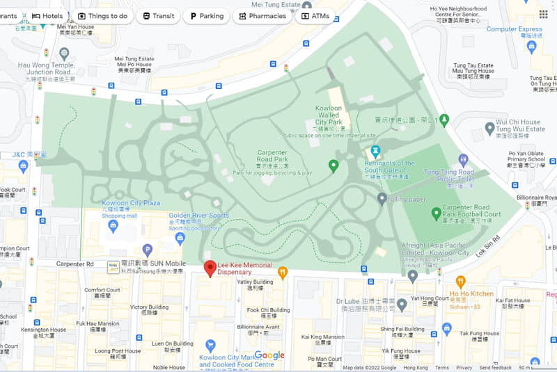 Google Map 截圖：賈炳達道公園及九龍城寨公園的範圍和所在。