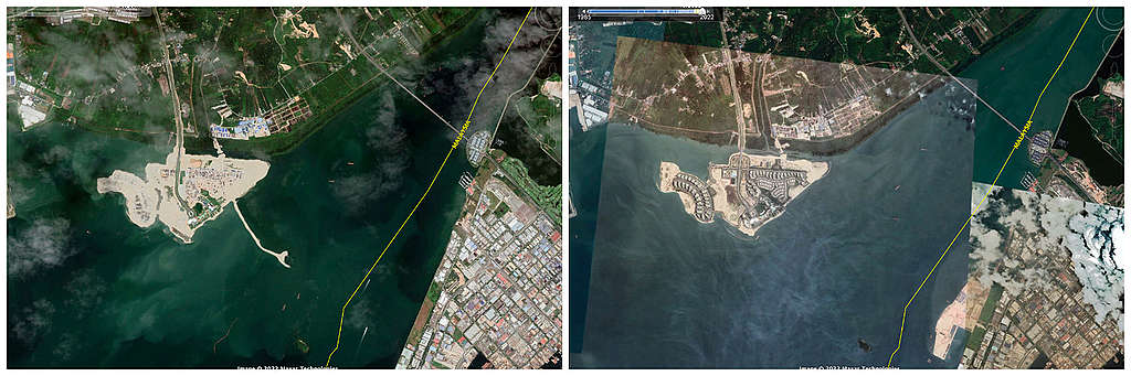 從 2017 年馬來西亞柔佛森林城市的衛星圖（圖左）可見，連接堤道佔據了馬來西亞與新加坡之間的水道近一半闊度，除將馬來半島最重要的海草床一分為二破壞生態外，亦引起新加坡政府的抗議；2022 年的衛星圖（圖右）則顯示，該連接堤道已被拆除。
