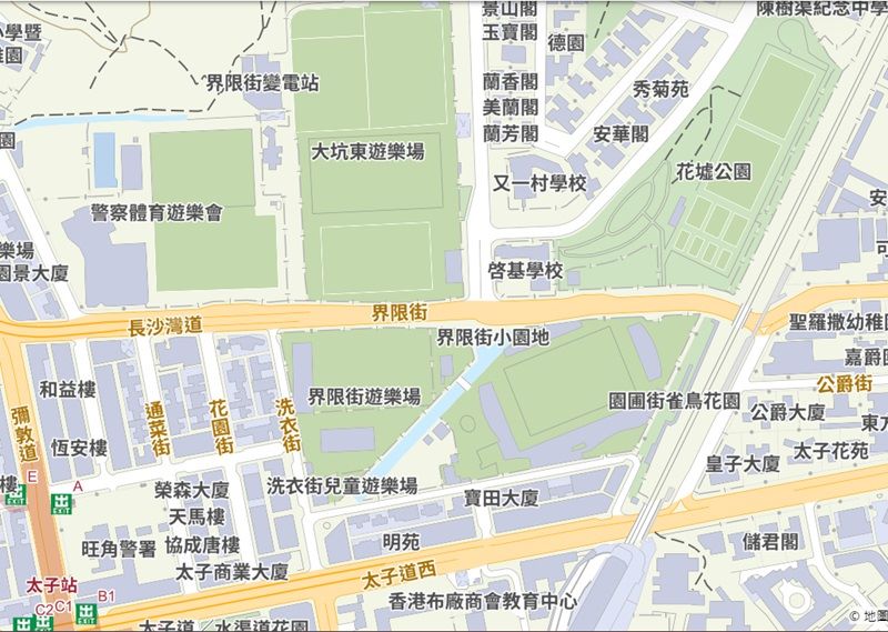 太子港鐵站（左下）A 出口橫向右是運動場道，旺角至九龍塘這帶是康樂場地集中地。今天我們去花墟，就是圍繞圖下太子道西對上的梯形街區。（2024年旺角地圖，摘自地理資訊地圖。）