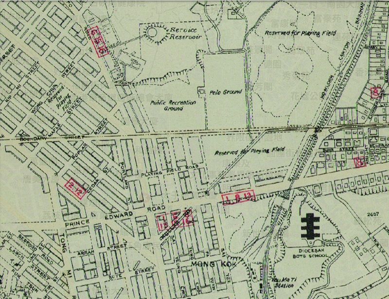 1947 年的旺角一帶，中間從左到右橫向是界限街，運動場道 (Playing Field Road) 在其下。（歷史地圖 / 九龍半島 (1947) 截圖，摘自地理資訊地圖。）