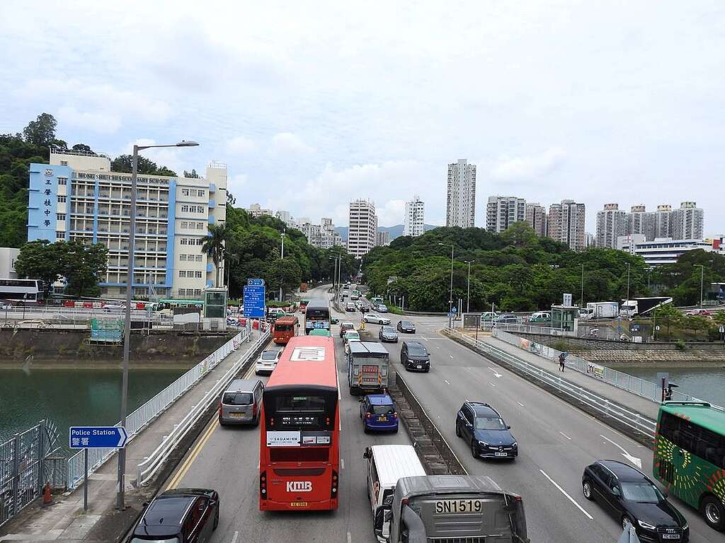 從大埔公路元洲仔段行人天橋北看，有大埔河和圓崗山。© helen yip