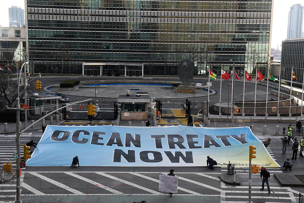 ‘Ocean Treaty Now’ Banner outside the UN in New York. © Stephanie Keith / Greenpeace