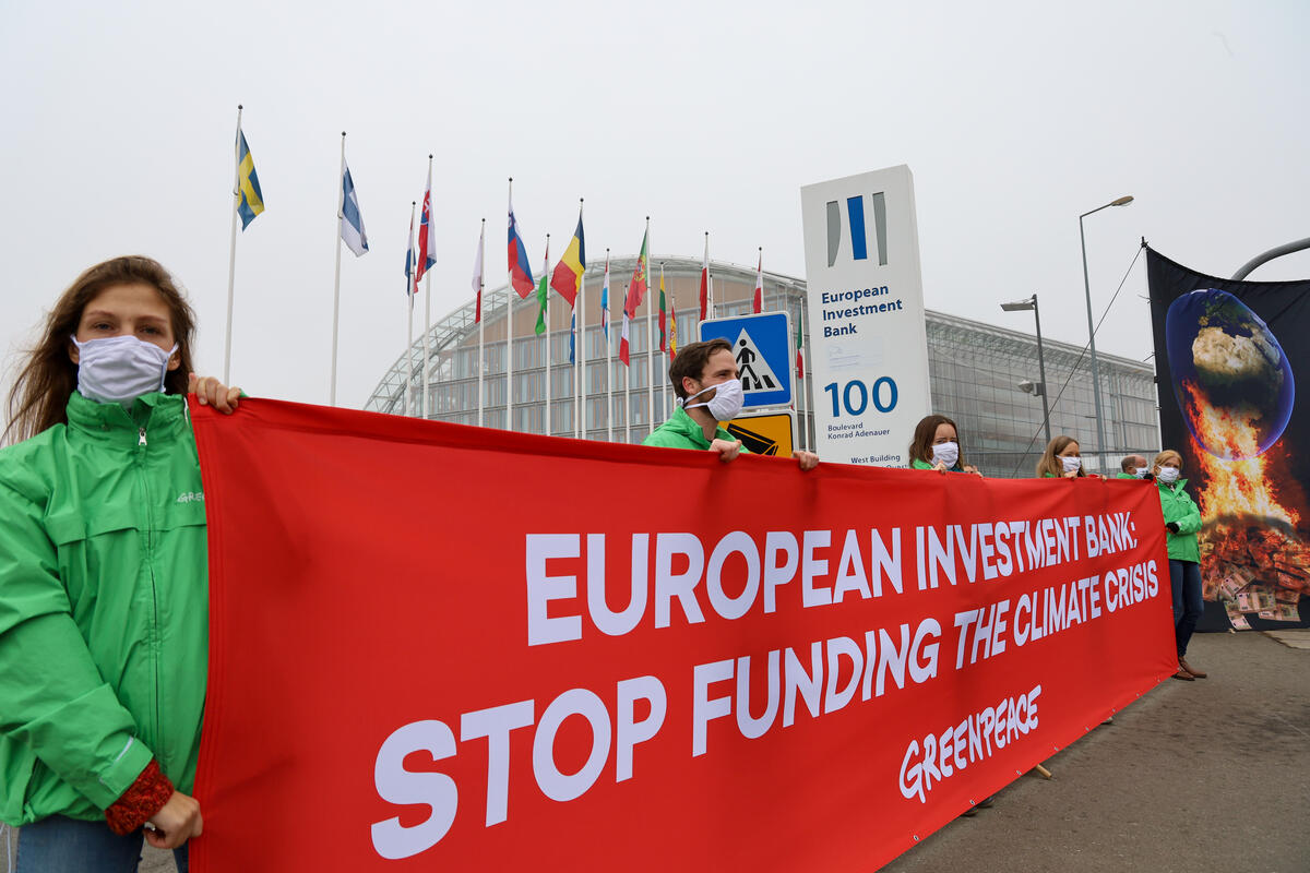 EIB: Stop Funding the Climate Crisis - Activity in Luxembourg. © Greenpeace / Lise Bockler