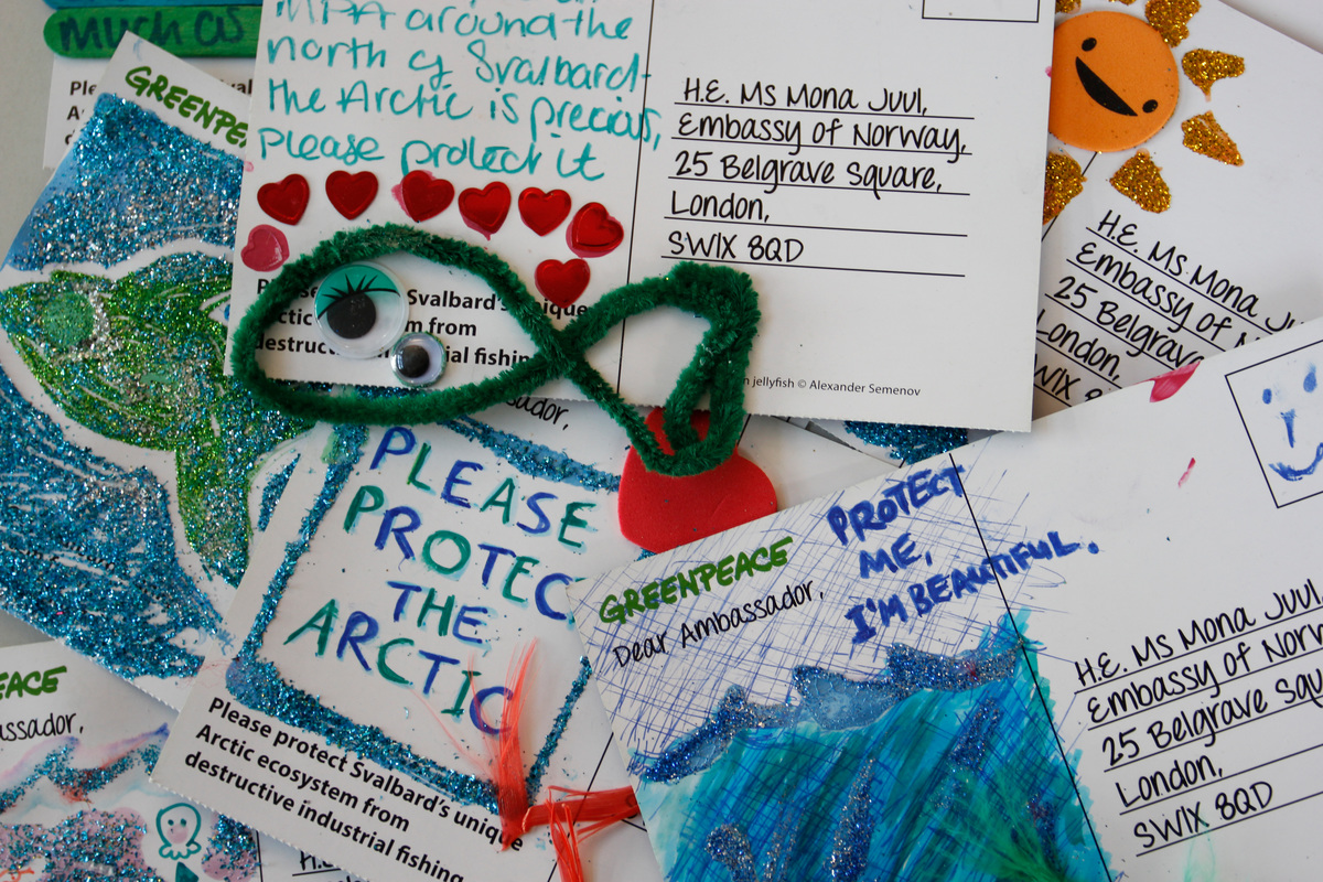 “The Arctic is precious. Please protect it.” Postcards from the UK public given to the Norwegian Embassy to support the creation of a sanctuary in the central Arctic Ocean © Angela Glienicke / Greenpeace