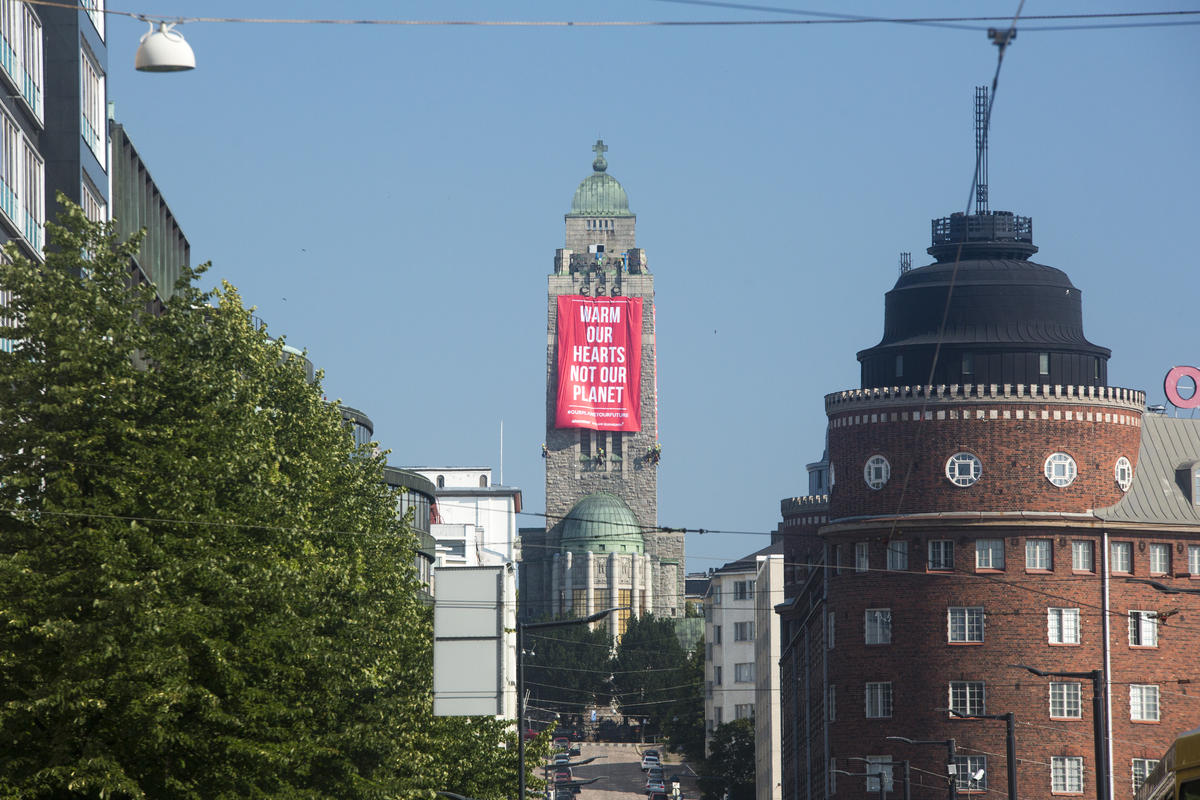 Trump - Putin Summit Banners from Bell Tower in Helsinki