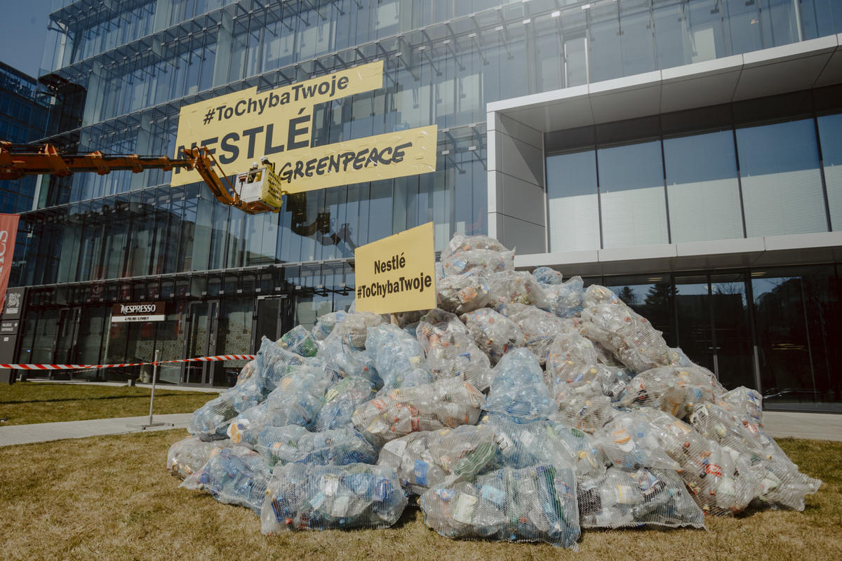 Stop Plastic Action at Nestle HQ in Poland. © Rafal Wojczal / Greenpeace