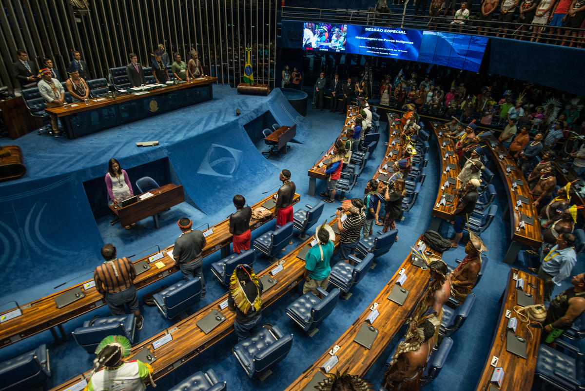 Indigenous People speak at the Senate in Brasília, Brazil. © Christian Braga / MNI