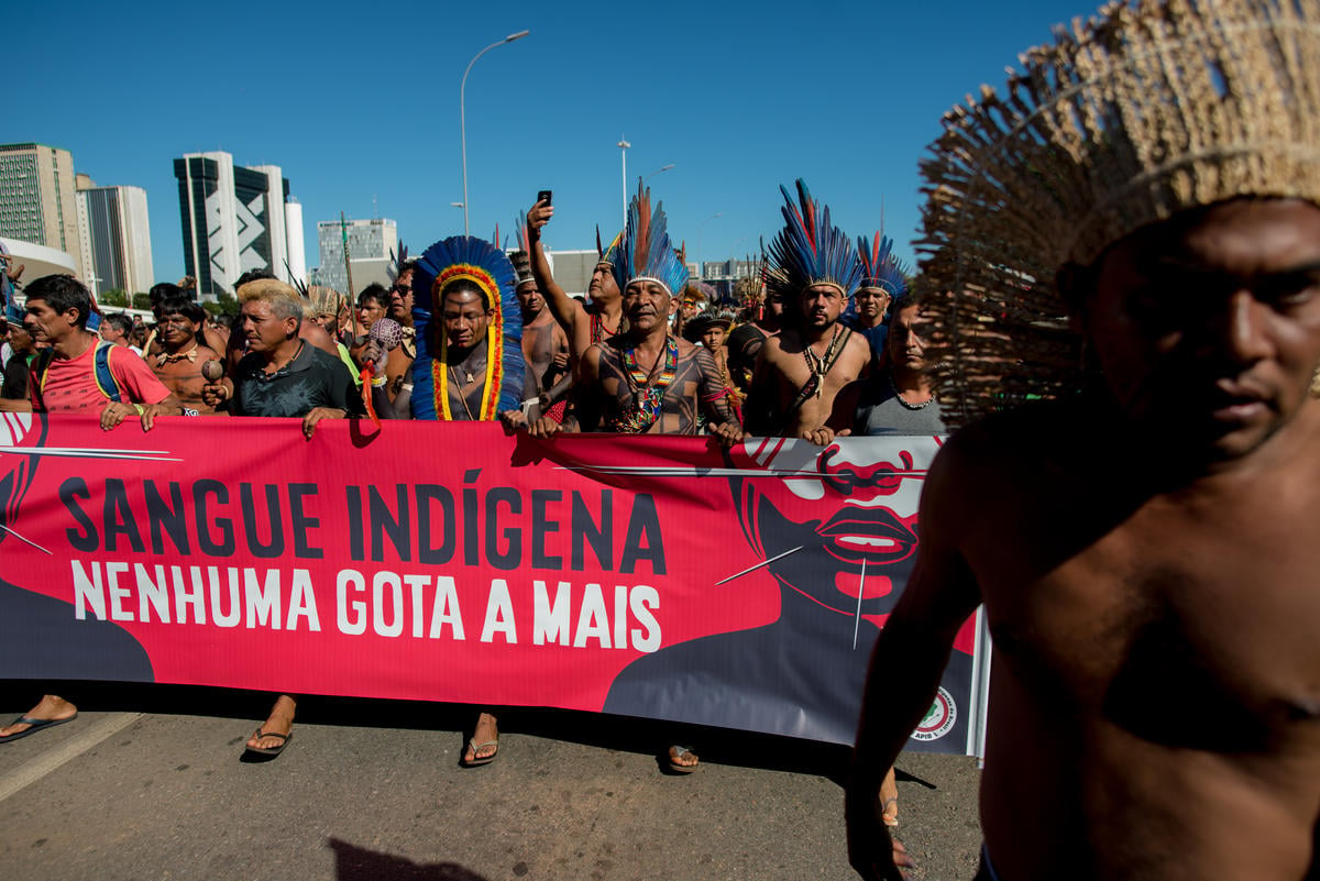 Indigenous Peoples march in Brasília holding a sign saying “Indigenous Blood - Not even one more drop”. © Christian Braga / MNI