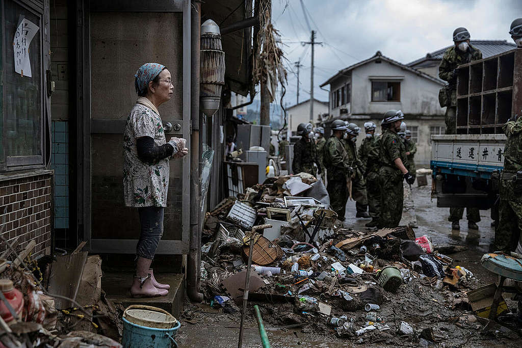 Hitoyoshi city, Kumamoto Pref, Japan - A rainy season front caused heavy downpours across large areas of Kyushu. Flooding and landslides caused extensive damage, particularly in Kumamoto Prefecture. Dozens of people have been killed and more than one million people have been ordered to evacuate.