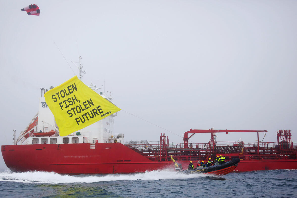 Rainbow Warrior Intercepts Fish Oil Tanker Key Sund. © Kristian Buus / Greenpeace