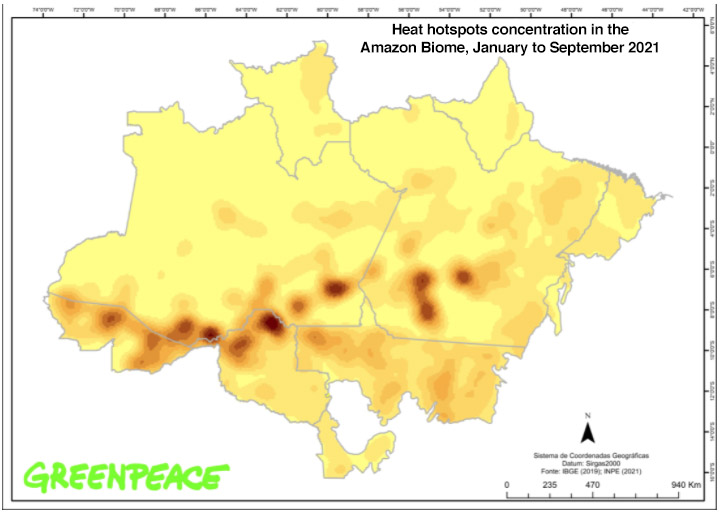 Heat hotspots concentration in the Amazon Biome from January to September 2021