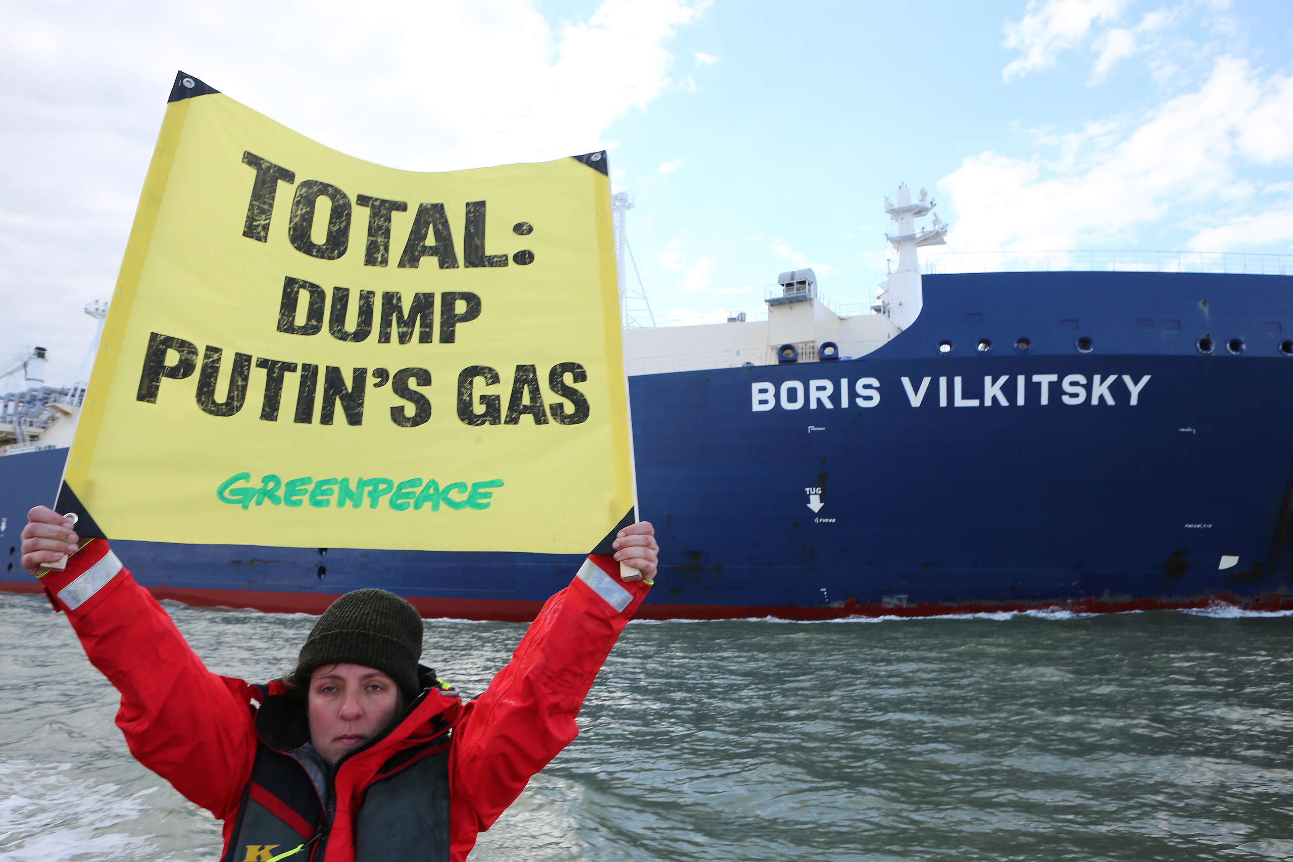 Greenpeace activists are protesting against the arrival of an LNG carrier from Yamal, one of the largest gas sites in Russia, of which TotalEnergies is a partner