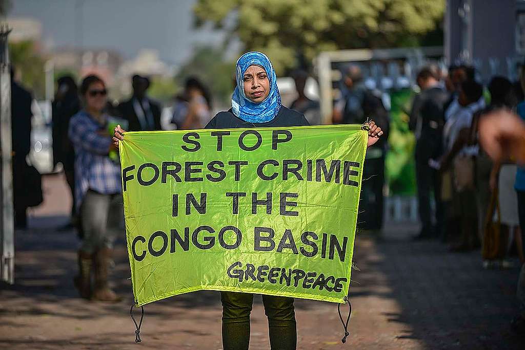 Protest at World Forestry Congress in Durban. © Mujahid Safodien / Greenpeace