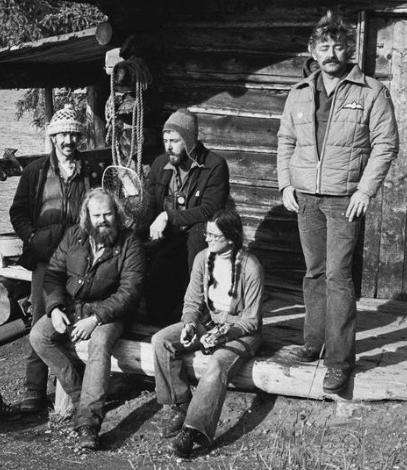 Five members of the Greenpeace trophy hunting campaign in 1979 gather outside in 1979 in B.C. Canada.