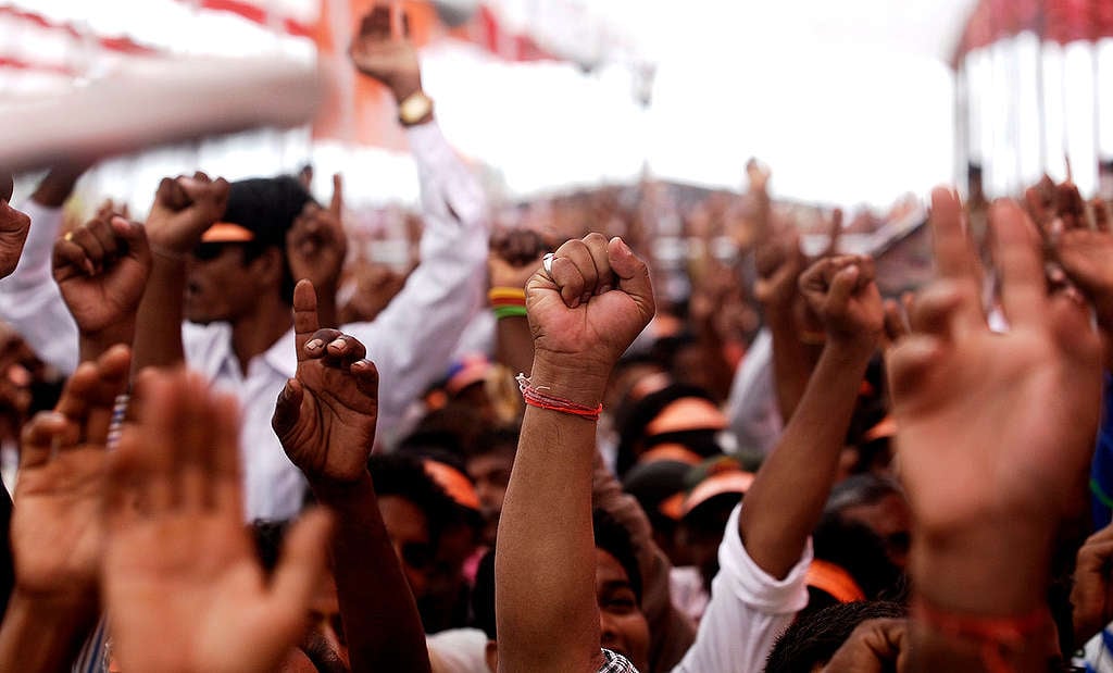 People participate in a protest rally against the proposed nuclear plant in Jaitapur. The large turn out at the rally holds testimony to the fact that locals do not want AREVA to install its untested EPR reactors on their land. © Apoorva Salkade / Greenpeace