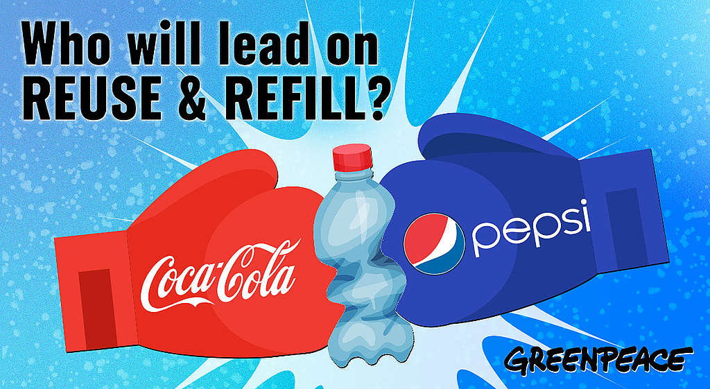 Coca-Cola, Pepsi: who will lead on reuse and refill? Boxing gloves smashing plastic bottle.
