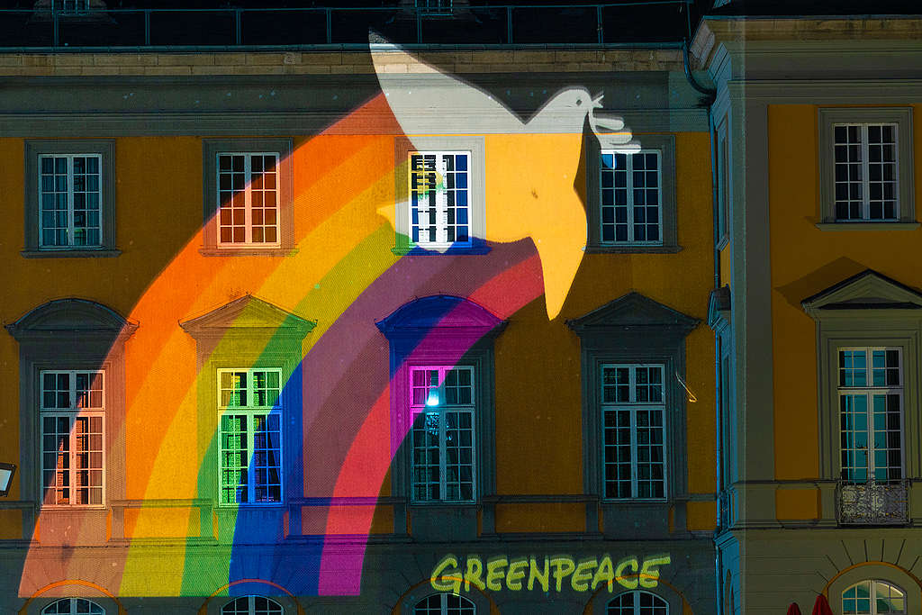 Shining Sign for Peace Projection in Bonn © Bernd Lauter / Greenpeace