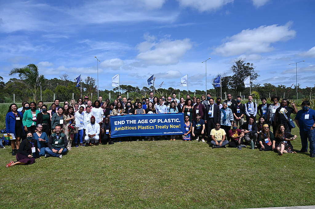 Global Plastics Treaty Banner Action in Punta del Este Uruguay.