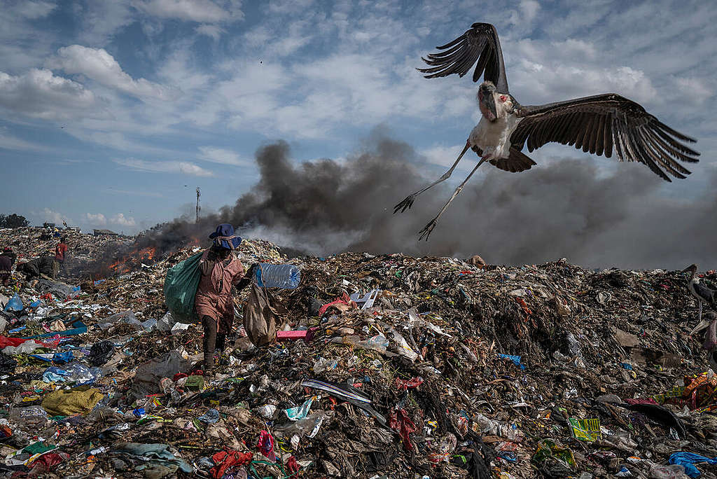 Greenpeace visits places of textile production, distribution, markets and waste disposals. Used and new clothes are sent to Kenya from Europe and China to be sold as so called "Mitumba" but often they end up as landfill and waste disposal due to the huge amount. © Kevin McElvaney / Greenpeace
