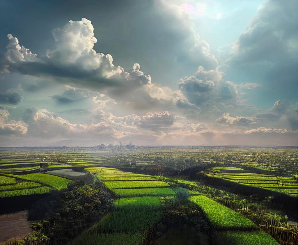 Image shows rice fields under a sunny - cloudy day