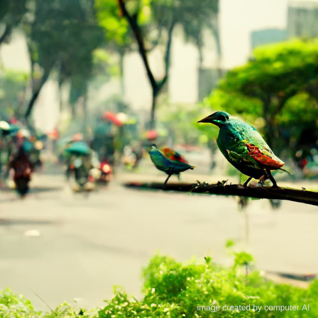 Image shows AI generated image from the keywords "Jakarta Clean City streets with Birds"