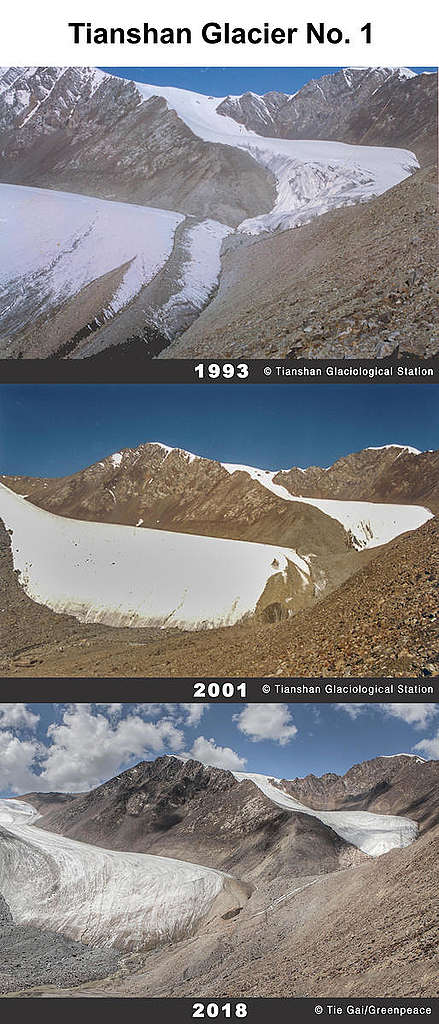 Retreat of Tianshan Glacier No. 1 in Xinjiang, China. © Greenpeace / Tianshan Glaciological Station  / Tie Gai