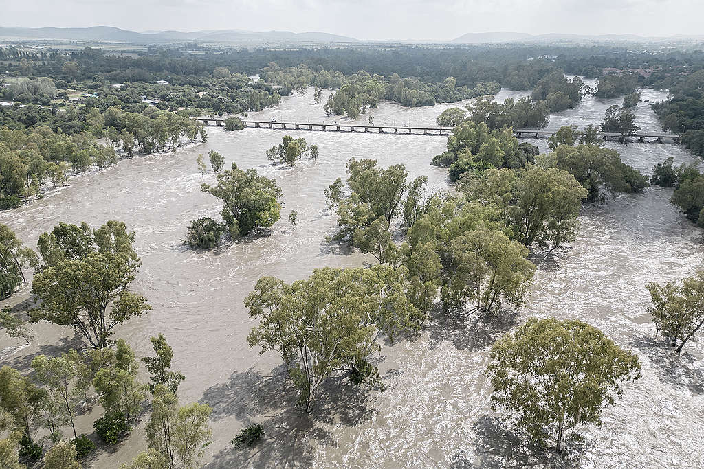 An aerial view of a flooded Vaal River running through Parys on February 19, 2023 after heavy rainfall wreaked havoc with the Vaal dam exceeding maximum capacity resulting in the Vaal River being flooded in South Africa. © SHIRAAZ MOHAMED/AFP via Getty ImagesPhoto by SHIRAAZ MOHAMED/AFP via Getty Images