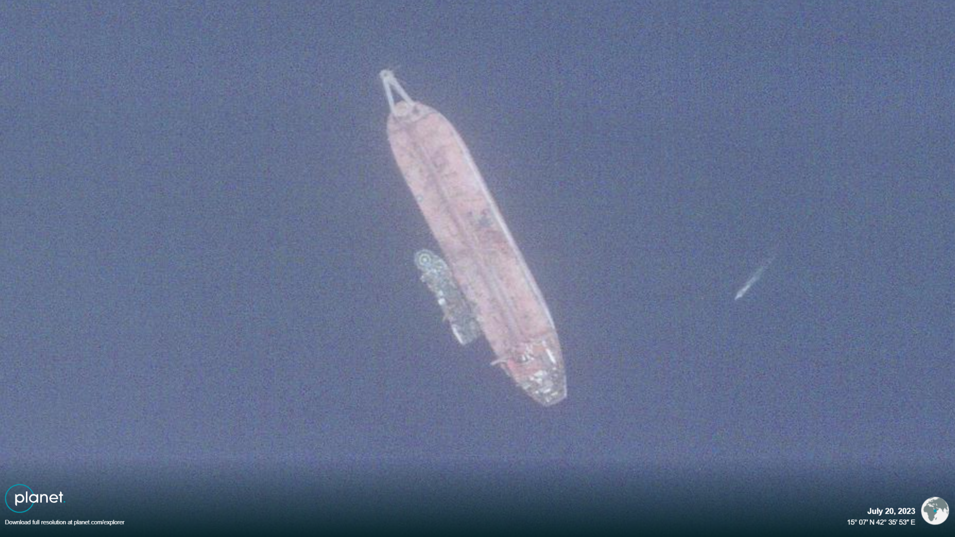 High resolution satellite picture of the FSO SAFER oil tanker next to one of the rescue vessels, the NDEAVOR 6.33am UTC. Amsterdam, Thursday July 20, 2022: The hazardous operation to remove more than a million barrels of oil from the decaying FSO SAFER supertanker off Yemen’s coast has commenced after years of delay. The replacement oil tanker Nautica, now renamed YEMEN, getting close to the SAFER to start the United Nations-coordinated operation that should bring to an end to the almost decade long saga triggered by the outbreak of war in Yemen.