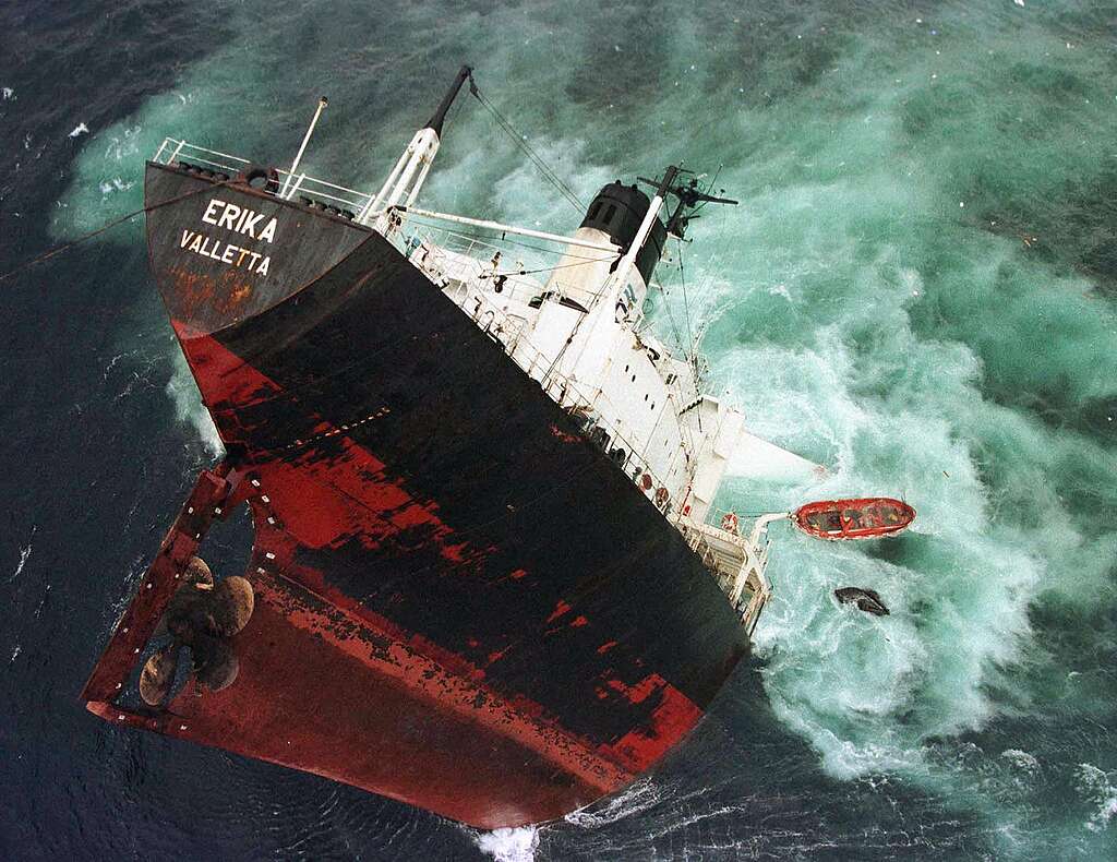The MV Erika, an oil tanker chartered by Total, that sank off the coast of Northern France, spilling 20,000 tons of heavy fuel oil across 400 km of coastline in 1990.
