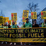 Greenpeace activists at a protest march on March, 27th 2024 against the Gas Industry in Vienna. Greenpeace is protesting against the fossil fuel industry’s plans to “future-proof gas” in the face of climate disaster. Greenpeace is calling for fossil fuel companies to stop their climate-wrecking activities and be held accountable for their crimes.