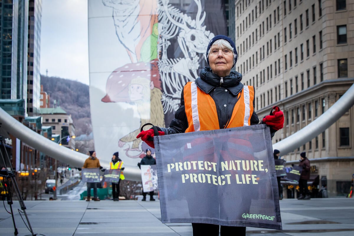 Banner at Montreal’s l’Anneau as COP15 Begins. © Toma Iczkovits / Greenpeace