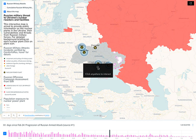 ウクライナの原発とロシア軍との位置関係を一定時間間隔で見ることができるインタラクティブマップ