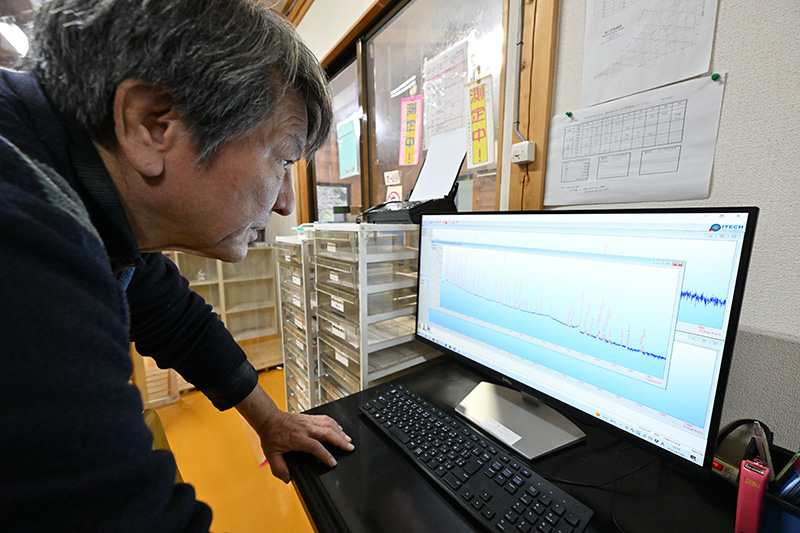 試料測定中のモニターを確認する ©Ryohei Kataoka/Greenpeace