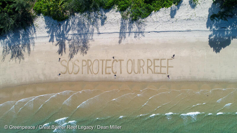 オーストラリアのオークビーチの砂浜に「SOS 私たちのサンゴ礁を守って」と綴るグリーンピースのボランティア