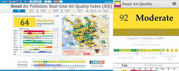중국 대기질 지수 정보 페이지의 서울 대기질 지수 화면 갈무리. 데스크탑 화면(왼쪽)과 모바일 화면(오른쪽).