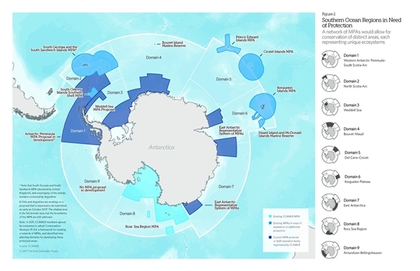 남극에서 해양보호구역으로 논의되는 범위를 나타내는 지도