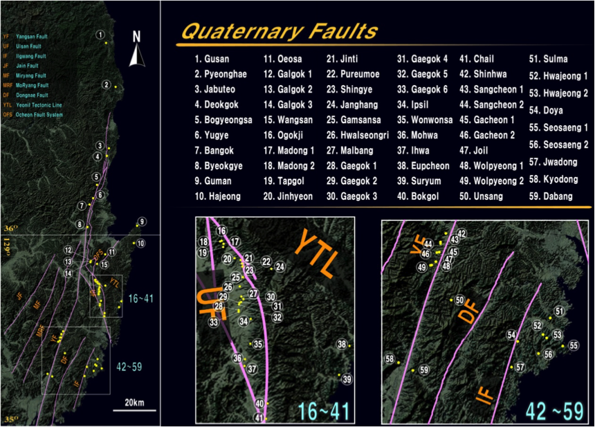 부울경 일대 60여 개의 활성단층(제4기 단층)이 존재함을 보여주는 자료 / 출처: 2016. 7. 27. <지진으로 인한 고리원전 피해 긴급 진단 세미나>, 부산대 손문 지질환경과학과 교수 발표