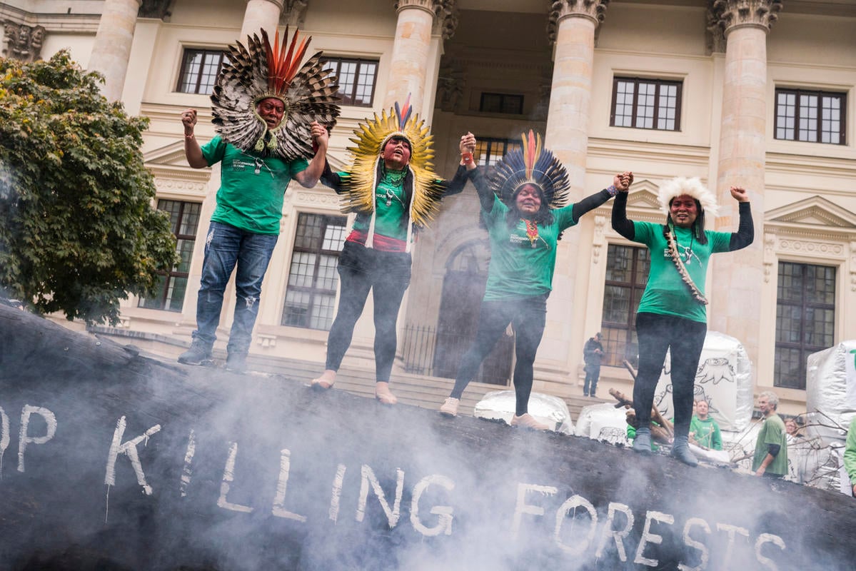 브라질 원주민 지도자들과 그린피스 독일의 환경운동가들의 평화 시위