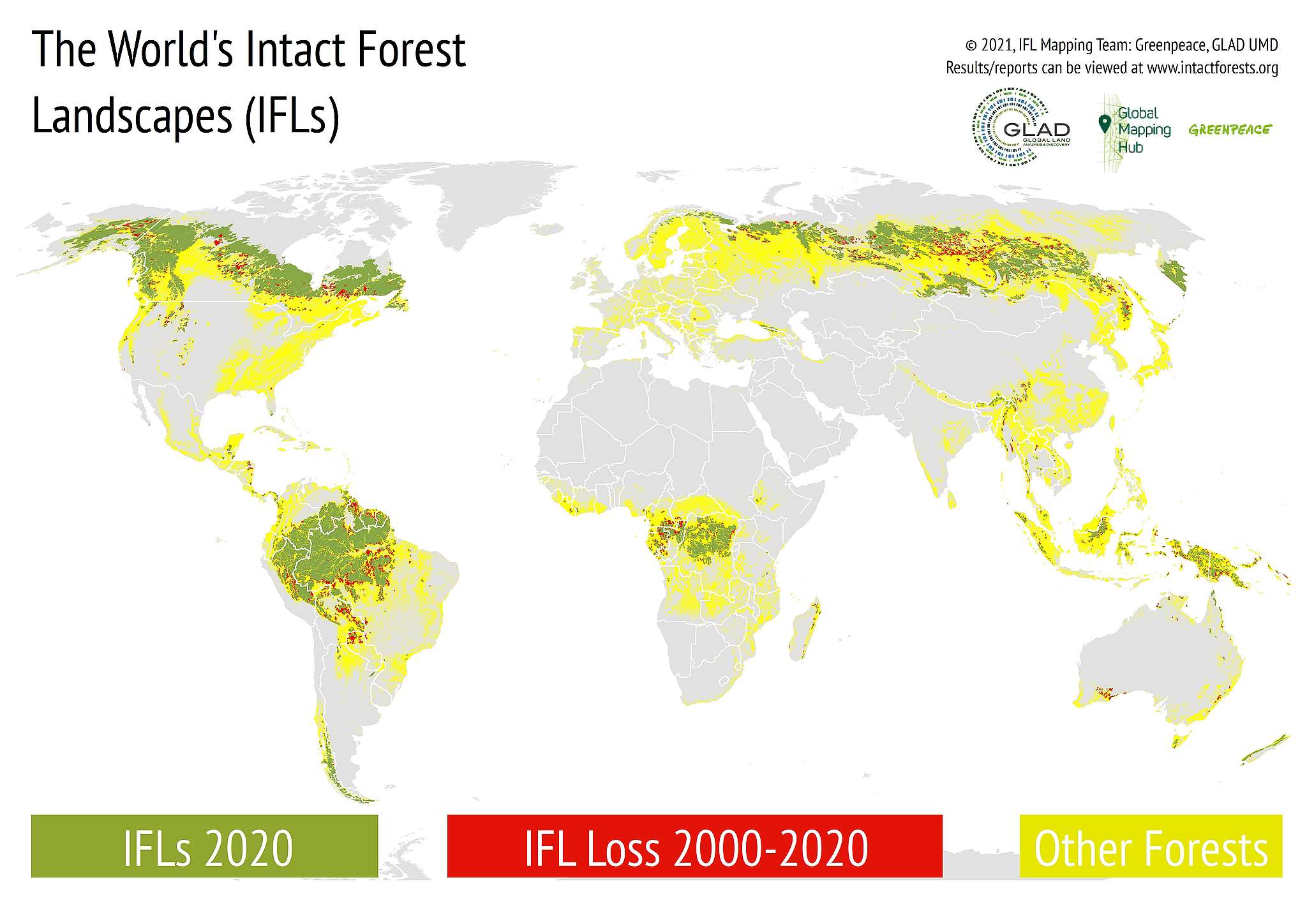 야생 산림(IFL) 훼손 면적을 보여주는 세계 지도