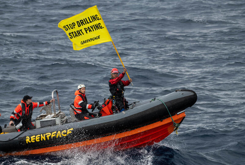 Activists Approach Shell Oil Platform in the Atlantic Ocean
Greenpeace climate justice activists approaching Shell platform en route to major oilfield with message: ‘STOP DRILLING. START PAYING.’