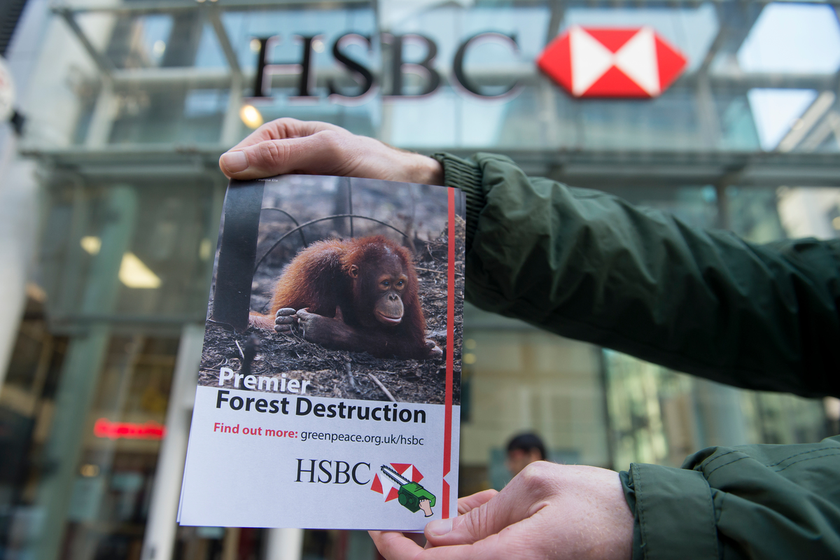 HSBC Funds Rainforest Destruction Action in London. © David Mirzoeff / Greenpeace