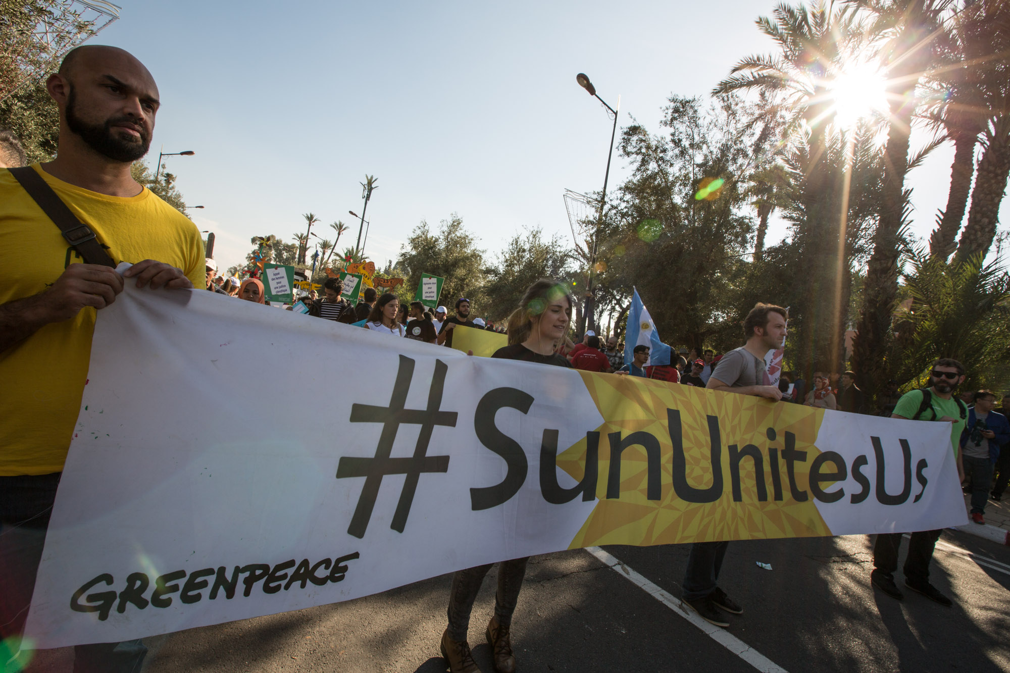 Greenpeace call for greater use of solar power in the Arab World, while participating in the Climate March, organized by the MCoalition for Climate Justice (Moroccan and regional organizations; environmental, human rights, women's associations, youth groups, unions and syndicates..) during the COP22 conference, in Marrakech, Morocco, on 13 November 2016.