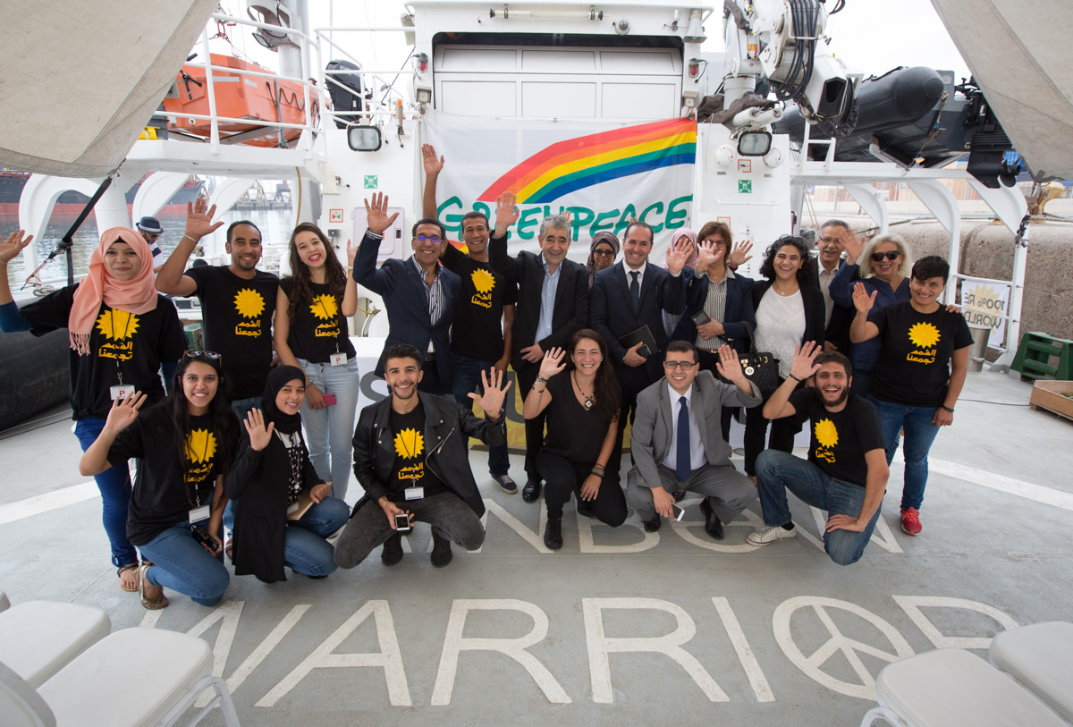 Journalists attend a press conference, chaired by Ghalia Fayad and Julien Jreissati, aboard the Greenpeace ship Rainbow Warrior, during The Sun Unites Us tour promoting solar power in the Arab world, in Casablanca, Morocco, on 4 November 2016.