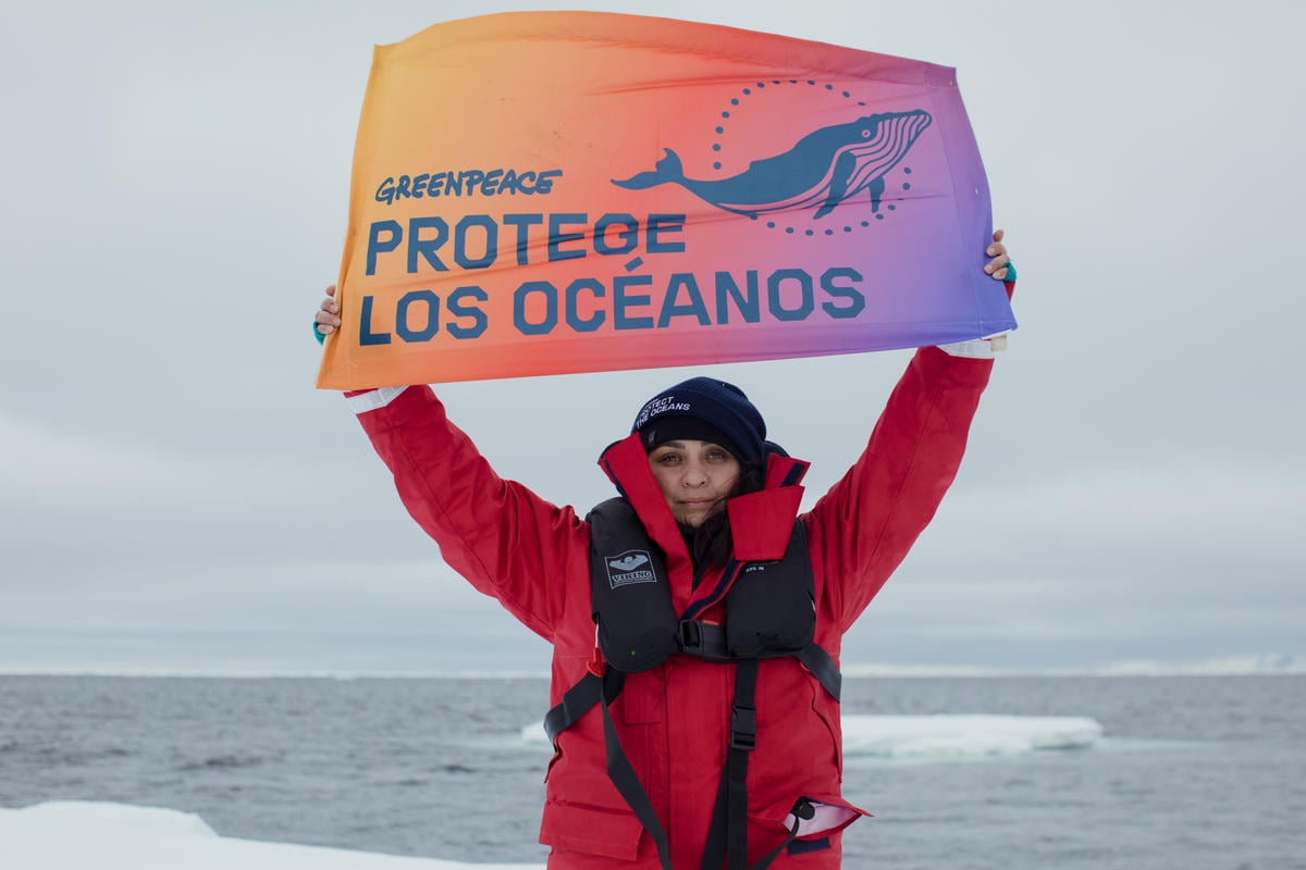 Adriana López manifestándose desde la expedición en el Ártico por la protección de nuestros océanos