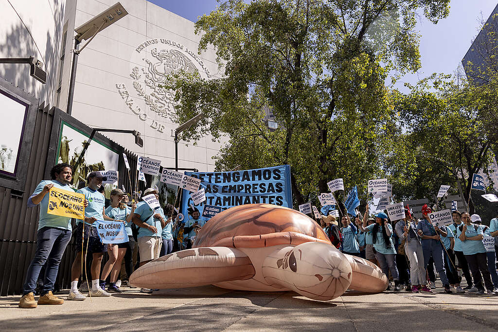 Lanzamiento de campaña Océanos sin Plásticos enfrente del Senado de la República en Ciudad de México.  © Gustavo Graf
