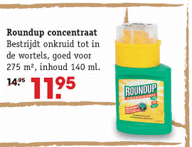 Een flesje Roundup. Het werkzame bestanddeel is glyfosaat.