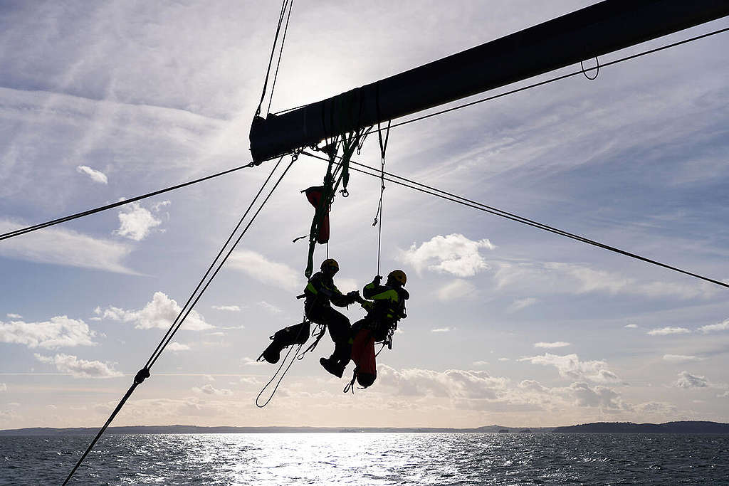 Crew on Rainbow Warrior in the English Channel.